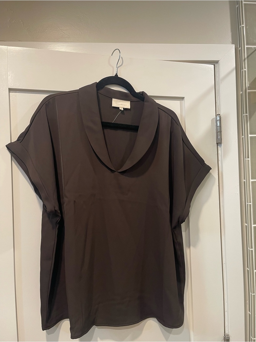 Melloday  Chocolate Brown Short-Sleeve Cowl Neck Blouse sz XL